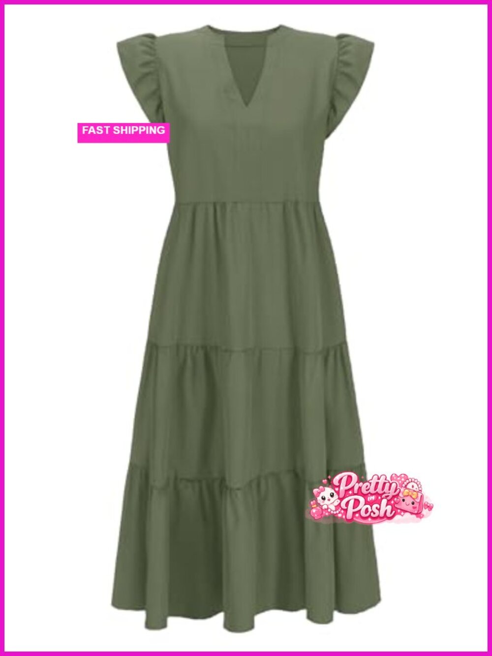 Nursing Midi Dress Sleeveless V Neck Tiered Sundress with Pockets - Picture 3 of 5